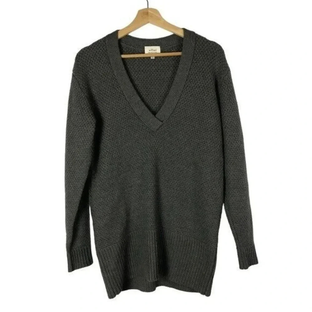 Aritzia Wilfred Dark Gray V-Neck Merino Wool Pullover Sweater XXS